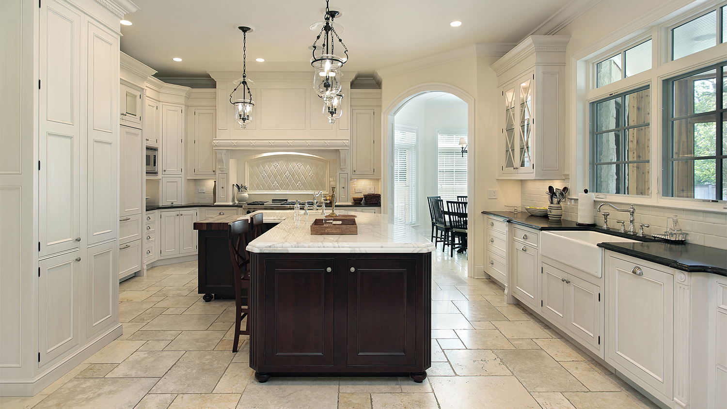 luxury white kitchen with LVT kitchen tiles